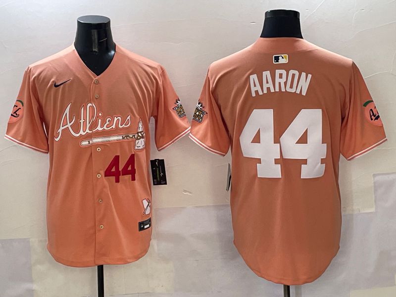 Men Atlanta Braves 44 Aaron Orange Five generations Joint Name 2025 Nike MLB Jersey style 2